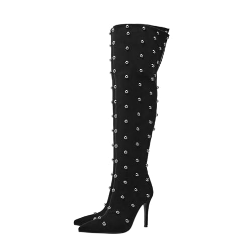 SofLuxe Spitze Stiletto-Stiefel, Overknee-Stiefel für Damen, Bequeme Stiefel, Nietenverzierungen, Für Alle Jahreszeiten Geeignet,Black,35 von SofLuxe