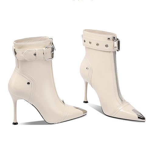 SofLuxe Stiefel Aus Echtem Leder, Spitze Stiefel mit Hohem Absatz, Reißverschluss Vorne, Gürtelschnalle, Bequeme und Passende Kurze Stiefel,Off,White (v) von SofLuxe