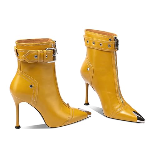 SofLuxe Stiefel Aus Echtem Leder, Spitze Stiefel mit Hohem Absatz, Reißverschluss Vorne, Gürtelschnalle, Bequeme und Passende Kurze Stiefel,Yellow,37 von SofLuxe