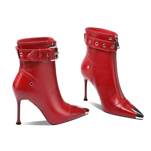 SofLuxe Stiefel Aus Echtem Leder, Spitze Stiefel mit Hohem Absatz, Reißverschluss Vorne, Gürtelschnalle, Bequeme und Passende Kurze Stiefel,red (v),34 von SofLuxe