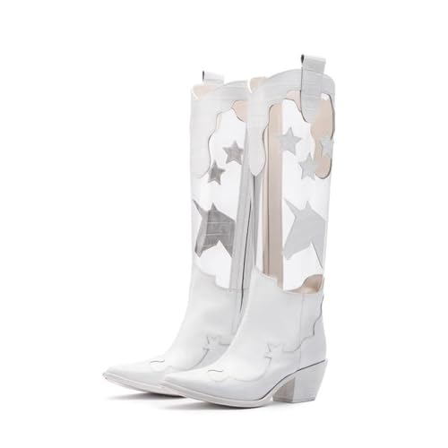 SofLuxe Stiefel mit Dickem Absatz,Stiefel mit Sternverzierung,Personalisierte All-Match-Stiefel,Spitze Stiefel für Damen,White,34 von SofLuxe