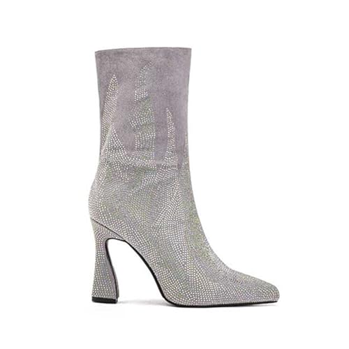 SofLuxe Stiefel mit Hohem Absatz und Halbhoher Sohle, Flammenmuster, mit Diamanten Besetzt, Bequeme und rutschfeste Stiefel mit Hohem Absatz,Silver,37 von SofLuxe