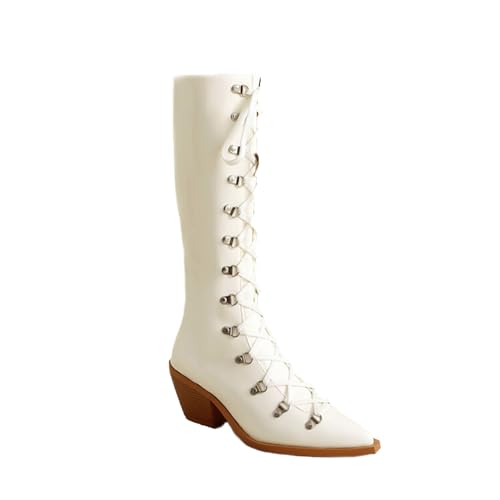 SofLuxe Stiefel mit Hohem Absatz und Mittlerer Wadenhöhe, Bequeme Stiefel mit Dickem Absatz, Schnürdesign, Vielseitige Damenstiefel, Mikrofasermaterial,White,40 von SofLuxe