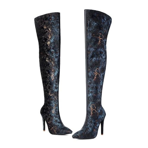 SofLuxe Stiefel mit Hohem Absatz und Reißverschluss Hinten, Overknee-Stiefel, Hohe Damenstiefel, Bedrucktes Design, Bequemes Futter,Blue,43 von SofLuxe