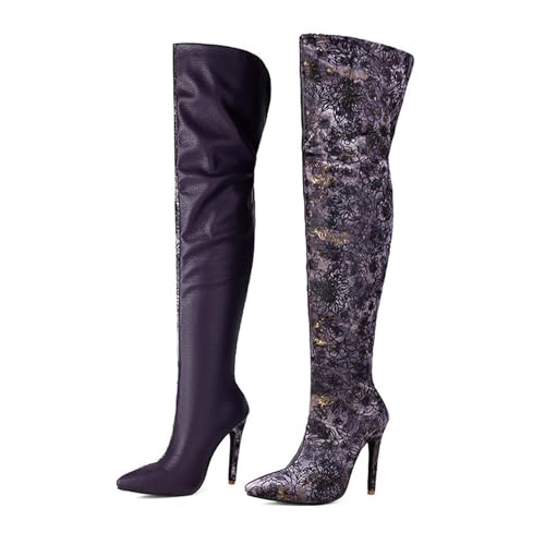 SofLuxe Stiefel mit Hohem Absatz und Reißverschluss Hinten, Overknee-Stiefel, Hohe Damenstiefel, Bedrucktes Design, Bequemes Futter,Purple,36 von SofLuxe