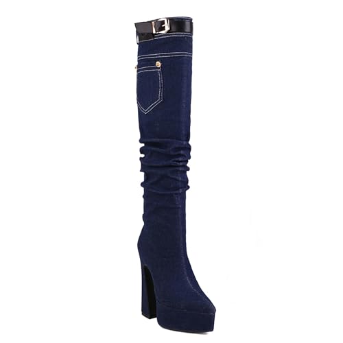 SofLuxe Stiefel mit Spitzer Spitze und Dickem Absatz, Gerade Cowboystiefel mit Hohem Absatz und Overknee-Stiefel, Bequemes Samtfutter, Gummisohlen,Dark Blue,40 von SofLuxe