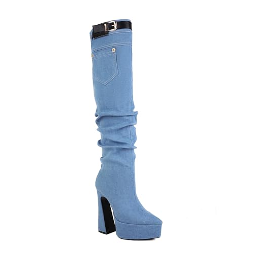 SofLuxe Stiefel mit Spitzer Spitze und Dickem Absatz, Gerade Cowboystiefel mit Hohem Absatz und Overknee-Stiefel, Bequemes Samtfutter, Gummisohlen,Light Blue,35 von SofLuxe