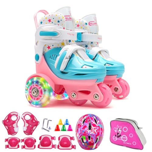 Solinder Flash Skating Schuhe Kinder Anfänger Rollschuhschuhe Set Kinder Schlittschuhe mit Knieschoner Ellenbogenschützer Helm Straßensperre Rucksack Rollschuhe von Solinder