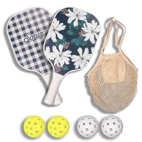 Sonix Pickleball-Paddel, 2er-Set, Fiberglas-Oberfläche, Pickleball-Set mit 2 Schlägern, 4 Bällen und 1 Netz-Tragetasche, Delilah Flower von Sonix