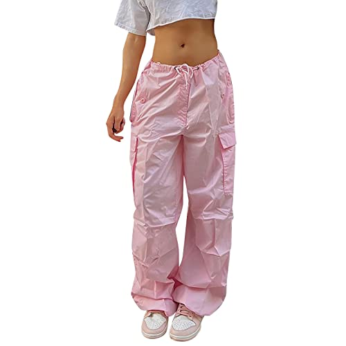 Cargohose Damen Baggy, Y2k Baggy Lange Hosen Lose Weite Bein Track Pants Damen, Hip Hop Schnürung Frauen Elastische Low-Taille 90er (Pink, M) von Sonnena