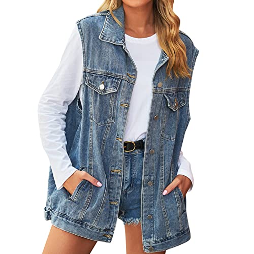 Jeansweste Damen Jeansjacke mit Kapuze Oversized Boyfriend Denim Jeansweste Locker Ärmellos Hoodie Jacke Mantel mit Taschen wasserdicht mit Kapuze Damen Wintermantel Damen mit Kapuze von Sonnena