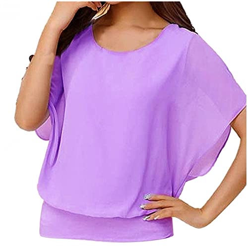 Sonnena Bluse Damen Tunika Fledermaus Batwing Bluse Chiffonbluse Fledermausärmel Kurzarm Rundhals mit breitem Bund Kurzarm T-Shirt Rundhals Stretch Oberteile von Sonnena