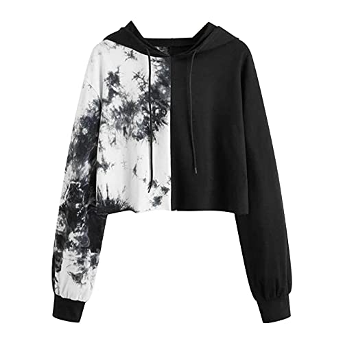 Sonnena Damen Patchwork Hoodie Teenager Mädchen Kapuzenpulli Bauchfrei Pullover Oberteile Kurz Sport Crop Tops Sweater Sweatshirt Sweatjacke mit Kordel von Sonnena