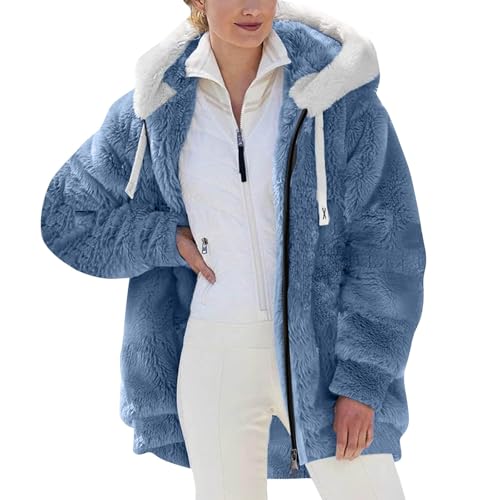 Sonnena Damen Teddyjacke Warm Strickfleecejacke mit Kapuze Fleecejacke Reißverschluss Winterjacke Klassische Einfarbig Plüschjacke Teddy Mantel Outdoor Kapuzenjacke Parka von Sonnena