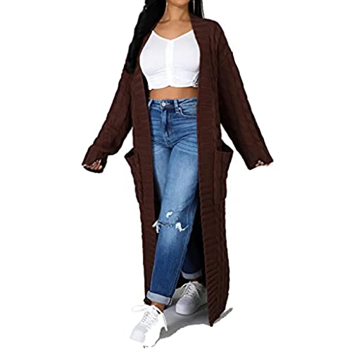 Stilvolle Kabel Strick Dual Pocket Cardigan, extra Lange Knöchellänge Bodenlänge Trending Maxi Cardigans für Frauen (XL,Dark Brown) von Sopaeduon