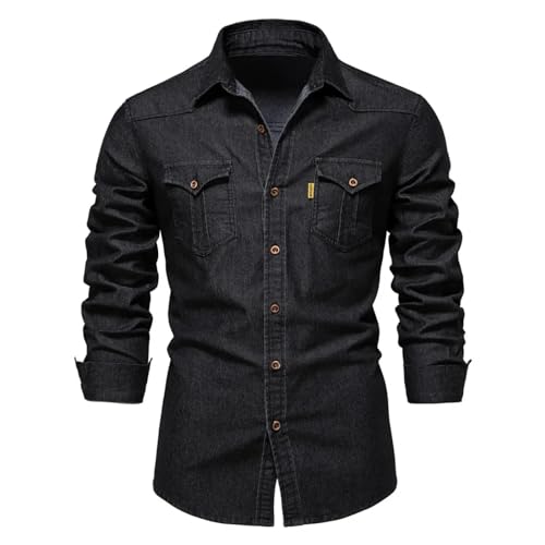 Men Men'S Shirts Herren Casual Shirt Dress Shirt Formal Business Long Sleevemänner Elastische Baumwoll-Denim-Hemden Schwarz Lange Cowboy-Hemden Für Männer Lässige Herren Usaxl80-90Kg Schwarz von Sopodbacker