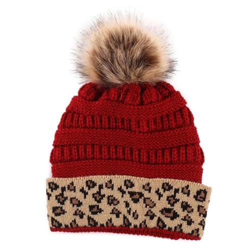 Sopodbacker Strickmützen Hüte Mützen Caps Beanie Leopard Mütze Warme Gestrickte Mützen Mütze Frauen Mädchen Pom Dicke Dame Weibliche Haare Einheitsgröße Rot von Sopodbacker