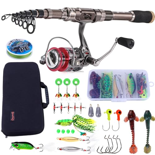 Sougayilang Angelrute und Rolle Combos, Kohlefaser Teleskop Angelrute 12 +1 BB Spinning Reel mit Tragetasche für Salzwasser und Süßwasser Angelausrüstung Kit Angelrute-S18 von Sougayilang