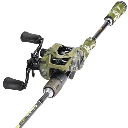 Sougayilang Angelruten- und Rollen-Kombination, Camouflage-Baitcast-Kombination, 30 Tonnen + 24 Tonnen, Graphit, 2 Rohlinge mit Camouflage-Baitcast-Rolle, SuperPolymer-Griff, Hakenhalter im S-Stil von Sougayilang