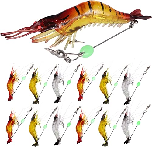 Sougayilang Salzwasser-Angelköder Garnelenköder-Set, 12-teiliges weiches leuchtendes Garnelenköder Garnelenköder Angelköder mit scharfen Haken für Süßwasser und Salzwasser von Sougayilang