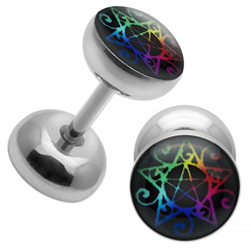 SoulCats 1 Paar Fake Plugs aus Edelstahl mit Pentagramm in Regenbogenfarben, Modell 4 SoulCats 1 Paar Fake Plugs aus Edelstahl mit Pentagramm in Regenbogenfarben, Modell 4 von SoulCats
