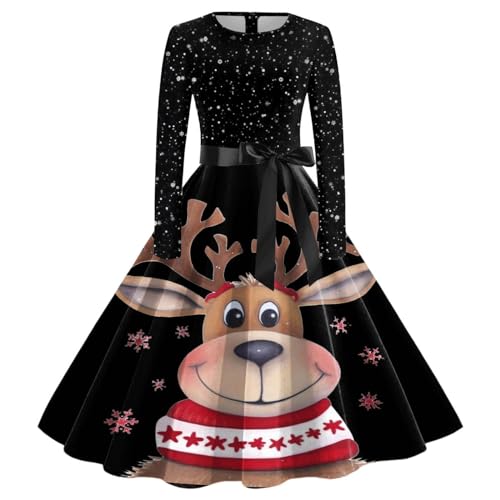 Angebot des Tages, Weihnachtskleid Damen Kleider Weihnachten Kleid - Rockabilly Weihnachtskleider Lustig Weihnachtskostüm Langarm Rundhals Cocktailkleid Midikleid Kostüm von Soupliebe