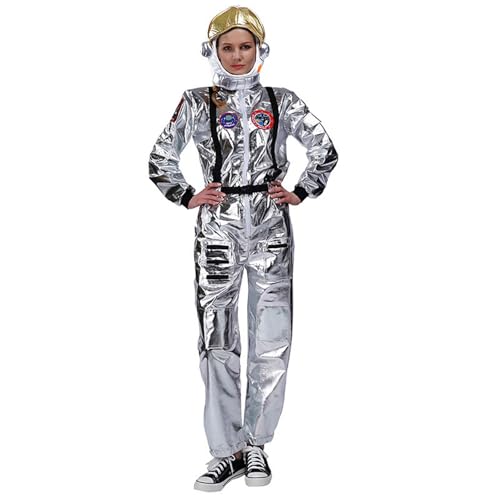 Astronaut Kostüm Erwachsene, Weltraum Kostüm Damen Herren Astronauten Space - Fasching Karneval Raumfahrer Anzug Langarm Metallic Overall Ganzkörper Jumpsuit Silvester Glitzer Outfit von Soupliebe