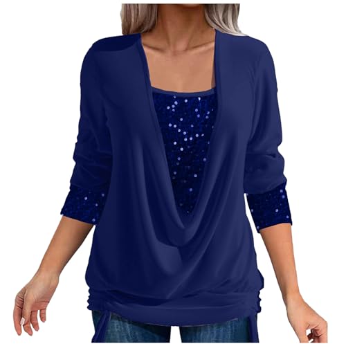 Damen Pailletten Bluse Falscher Zweiteiliger Tops Elegant Party Glitzernde Oberteile(Blau,XXL) von Soupliebe