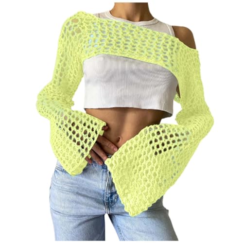 Faschingskostüme Orangener Tüllrock Damen,Crop Top Damen Transparentem Fischnetz Oberteil Netzshirt Crochet Strickpullover Netz Oberteil Frauen Mesh Kurz Top Einfarbig Langarm von Soupliebe