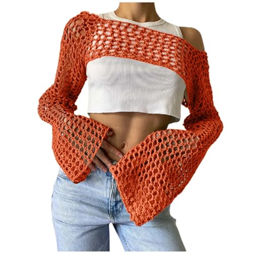 Fastnachtskostüme Damen Tüllrock Rosa Damen,Crop Top Damen Transparentem Fischnetz Oberteil Netzshirt Crochet Strickpullover Netz Oberteil Frauen Mesh Kurz Top Einfarbig Langarm von Soupliebe