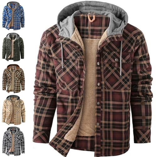 Flanellhemd Herren Karierte Sherpa Hemdjacke - Fleece Holzfällerhemd Mit Kapuze Winter Thermohemd Fleecefutter Kapuzenpullover Mit Taschen Männer Arbeitsjacke Gefüttert Arbeitshemd von Soupliebe