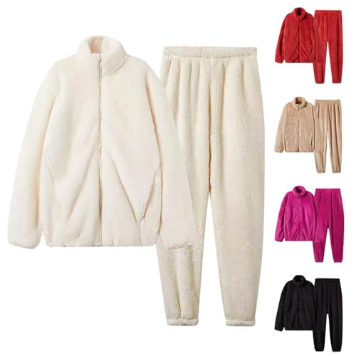 Fleece Schlafanzug Damen, Fleece Hausanzug Damen Kuschelig Schlafanzug Set - Flanell Loungewear Winter Warmer Kuschelanzug Flauschig Freizeitanzug Lang Thermo Pyjama Set von Soupliebe