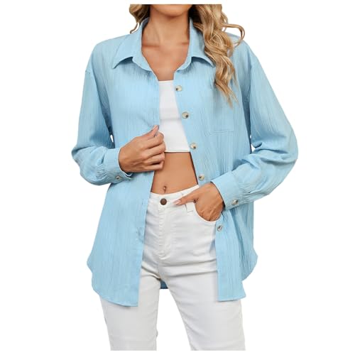 Hemdbluse Damen, Musselin Bluse Damen Oversized Hemdbluse - Lässig Longbluse Leinenbluse Sommer Hemd Langes Blusen Langarm Overshirt Musselin Tops Lose Oberteile Blusenshirt Langarmshirt von Soupliebe