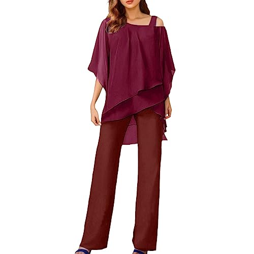 Hosenanzug Damen Festlich Hosenanzug 3/4 Batwing Ärmel Tüll Abendanzug Sets Zweiteiler Unregelmäßiger Chiffon Shirt Und Hohe Taille Weites Bein Hosenanzug Elegant Vintage 2-Teiliges Set Outfit von Soupliebe