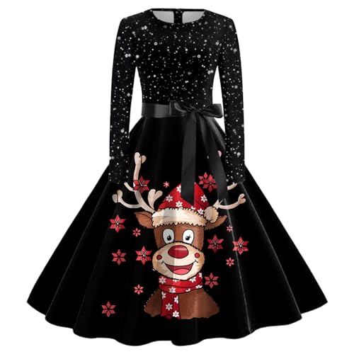 Kleid Damen Weihnachten, Kleid Damen Weihnachten Weihnachtskleid - Vintage Kleider Rockabilly Langarm Weihnachtskleider Weihnachtskostüm Abendkleider Mit Drucken Partykleid von Soupliebe