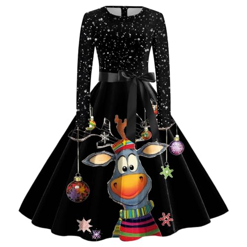 Kleider Weihnachten Damen, Weihnachtskleid Damen Kleider Weihnachten Kleid - Rockabilly Weihnachtskleider Lustig Weihnachtskostüm Langarm Rundhals Cocktailkleid Midikleid Kostüm von Soupliebe