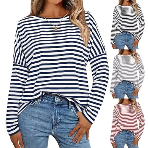 Longsleeve Damen, Ringelshirt Damen Gestreiftes Langarmshirt - Schwarz Weiß Gestreifter Langarm Shirt Basic Rundhal Pullover Longsleeve Tshirt Oberteile Baumwolle Locker Sweatshirt von Soupliebe