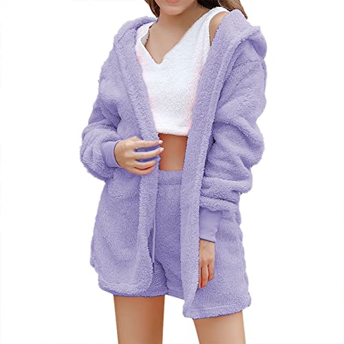 Loungewear Damen Set, Plüsch Nachtwäsche Dreiteilig Frottee Schlafanzug Damen Winter Kuschelig Pyjama Flanell Fleece Hausanzug Flauschig Warmer Lounge Set Outwear and Crop Top Shorts Set von Soupliebe