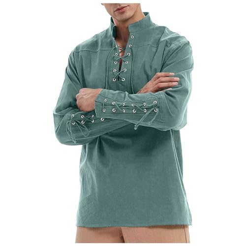 Mittelalter Hemd Herren Medieval Kleidung - Schnürhemd Wikinger Tunika Mittelalterliches Party Kostüm Slim Fit Henley Shirt Piratenhemd Hose von Soupliebe