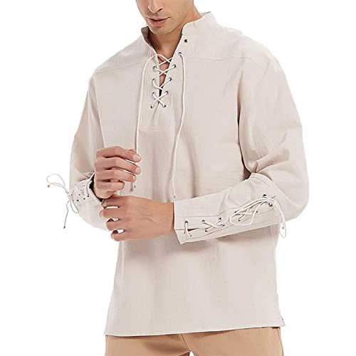 Mittelalter Kleidung Herren Wikinger - Hemd Slim Fit Tunika Mittelalterliches Henley Shirt Medieval Schnürhemd Renaissance Kostüm Set Mit Leinenhemd von Soupliebe