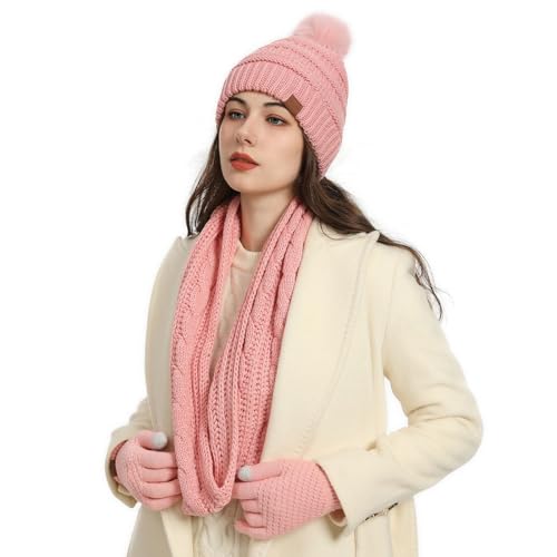 Mütze Und Schal Set Damen, Mütze Schal Set Damen Winter - Mütze, Schal & Handschuh-Sets Für Damen Warm Bommelmütze Thermo Wintermütze Schlauchschal Und Handschuh Set von Soupliebe