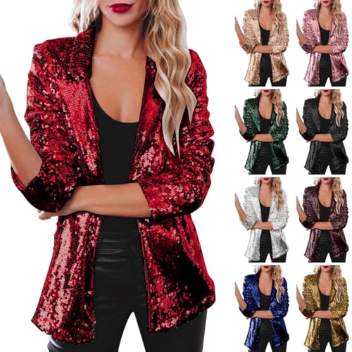 Pailletten Blazer Damen, Glitzer Oberteile Jacke Damen Pailletten Blazer Kostüm - Oversize Silvester Outfit Einfarbig Pailetten Blazermantel Elegant Karneval Bomberjacke Faschings Party Frack von Soupliebe