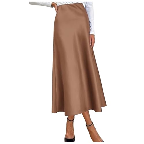 Plissee Rock Damen Midi, Satinrock Damen Satin Lang Unterrock - Seidenrock A Linie Elastische Hohe Taille Sommerrock Herbst Winter Midi Business Rock Mit Reißverschluss Trachtenrock von Soupliebe