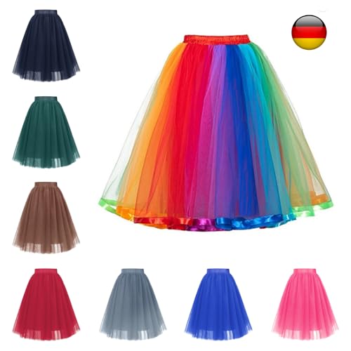 Rock Damen, Tütü Tüllrock Damen Karneval Lang Rockabilly Kostüm - Regenbogen Rock Bunt Petticoat Tutu Ballet Trock 50Er Mehrschichtiger Taillen Unterrock Prinzessin Tanzkleid von Soupliebe