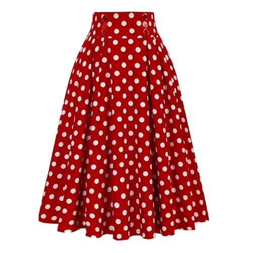 Rot Weiß Gestreifter Rock 50Er Jahre Mode,Damen Basic Rockabilly Elegant Vintage Dehnbaren Blume Polka Dot Retro A Linie Röcke 50Er Jahre Hohe Taille Knielang Swing Midirock von Soupliebe