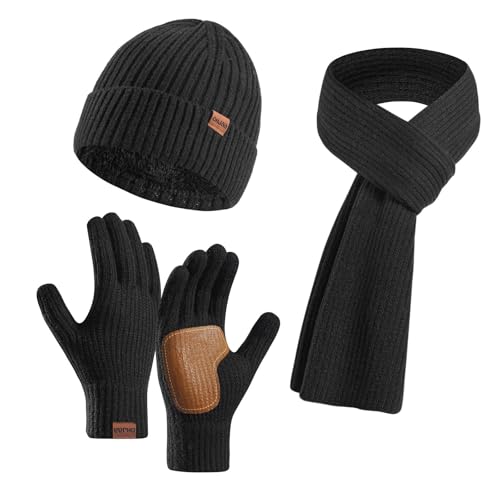 Schal Mütze Set Damen, Mütze Schal Handschuhe Set Damen, Schal Und Mütze Set Damen Winter Stretch Kindermütze Merinowolle Wintermütze Dünne Handschuhe Frauen Winter-Set Strick Winterschal von Soupliebe