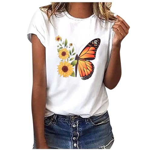 Sommer T-Shirt Damen Basic T Shirt Bedrucken Rundhalsausschnitt Weiß Oberteile Baumwolle Casual Damen Locker Kurzarm Bluse Tops Sportshirt 0 von Soupliebe