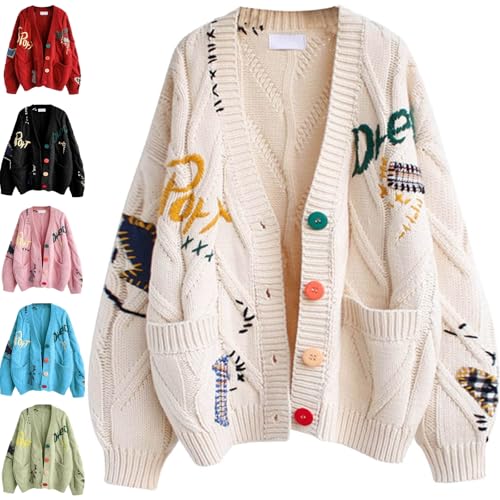 Strickjacke Damen Zopfmuster Cardigan - Lange Ärmel Grobstrickjacke Dicke Offene Vorderseite Zopfstrick V-Ausschnitt Knopfleiste Sweater Elegant Cartoon Stickerei Outdoor Kleidung Mit Tasche Strickjacke Damen Zopfmuster Cardigan - Lange Ärmel Grobstrickjacke Dicke Offene Vorderseite Zopfstrick V-Ausschnitt Knopfleiste Sweater Elegant Cartoon Stickerei Outdoor Kleidung Mit Tasche von Soupliebe