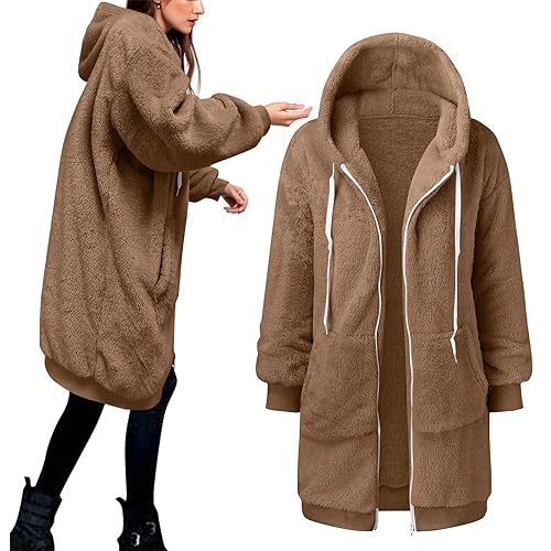 Teddy Mantel Damen, Flauschige Jacke Damen, Fleecejacke Damen Winter Mit Kapuze Teddy Fleece Jacke - Lang Fall Outfits Women Oversize Outdoor Fleecejacken Für Dicke Wintermantel Warm Plüschmantel von Soupliebe