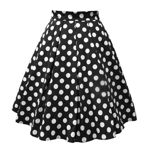 Trachtenrock Damen Knielang Rock N Roll Outfit Damen,Damen Basic Rockabilly Elegant Vintage Dehnbaren Blume Polka Dot Retro A Linie Röcke 50Er Jahre Hohe Taille Knielang Swing Midirock von Soupliebe